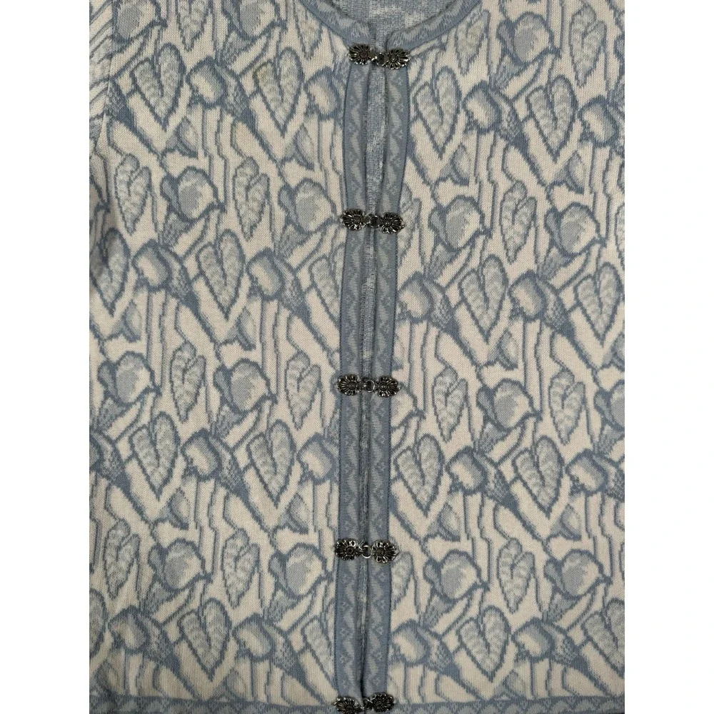 SKJAEVELAND Norway Nordic Cardigan Sweater Womens Small Blue White Heart Pattern